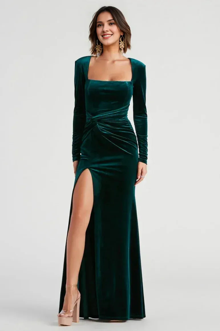 Velvet Knot Square Neck Floor Length Mermaid Long Sleeves Evening Dress With Hight Slit